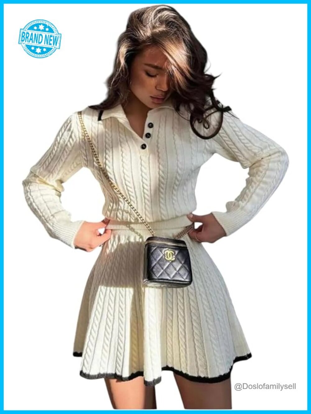 Two-Piece Cable Knit Sweater Set - Collared Top & A-Line Mini Skirt